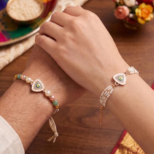 Image of Ascension Evil Eye Rakhi for Bhaiya Bhabhi Couple Bracelet Set for Brother & Sister with Roli Tilak & You are My Hero Fridge Magnet Nazar Protection Raksha Bandhan Gift