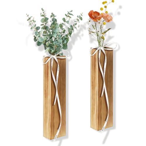 LECTRUS 2 Pack Wall Planters for Indoor Plants - Wood Home Wall Decor Hanging Planters for Bathroom Bedroom Living Room, Farmhouse Wooden Pocket Wall Vases for Dried Flowers and Faux Greenery Plants