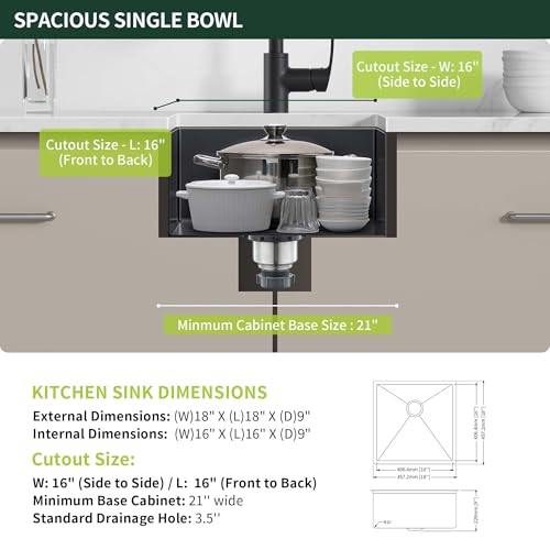 Image of 18-Inch Black Undermount Bar Sink, SINKVINE Stainless Steel Single Bowl