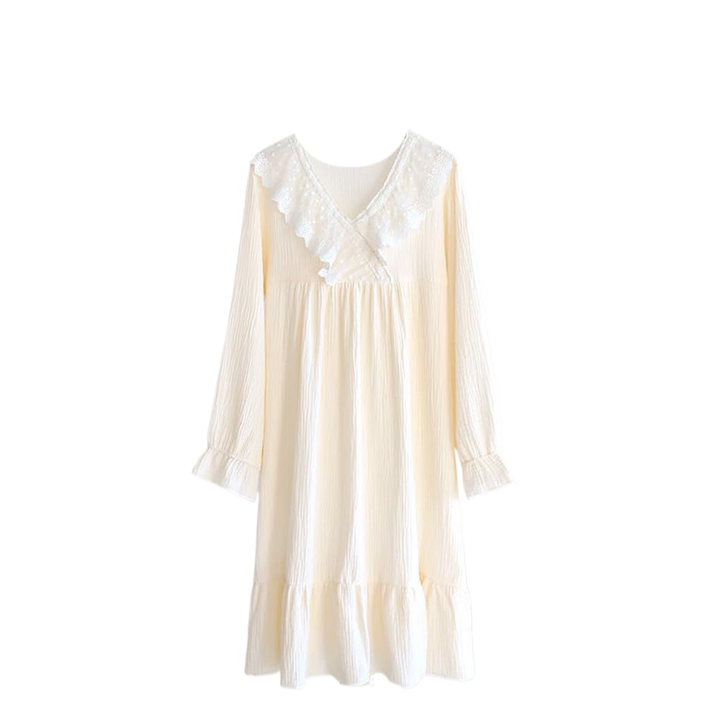 Camisón para Mujer - Primavera Y Verano Camisón De Mujer Falda Larga De Crepé De Algodón Falda De Manga Larga De Princesa Dulce Falda De Talla Grande para Mujer
