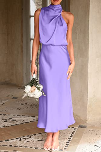 Prettygarden Women's 2023 Summer Satin Dress Elegant Sleeveless Mock Neck Cocktail Party Maxi Dresses (Purple,Medium) #TOP4