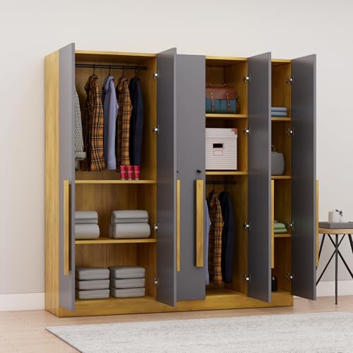 Image of Bniture 5 Door Wardrobe for Bedroom with Lockable Door & Hanging Space | Almirah for Clothes with Elevated Bottom Base | Wardrobe for Storage | 3 Years Warranty (Giant Wood & Slate Grey, 5 Door)