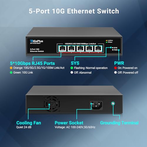 Image of 5-Port 10Gb Ethernet Switch Unmanaged with 5 x 10Gb RJ45 Ports, GiGaPlus 10Gbe Network Switch Easy for 10G NAS, PC, WiFi7 Routers, 10G NIC /Adapters. 100Gbps Switching Capacity. Desktop /19-inch Rack
