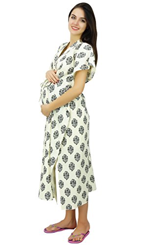 Bimba Nursing Cotton Kaftan Front Buttons Maternity Night Wear Caftan Off-White #TOP2