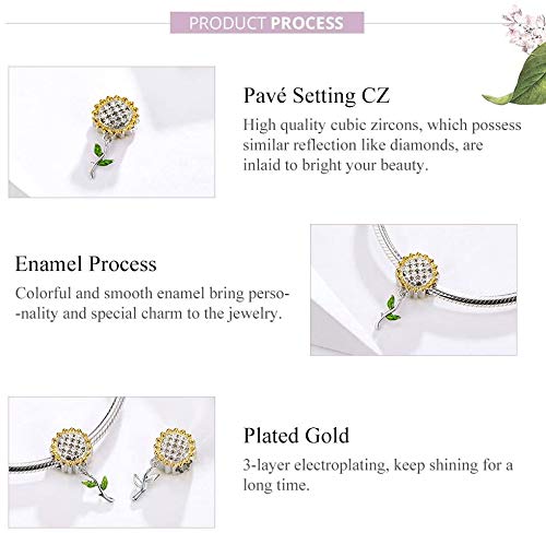 Image of Sunflower Dangle Charm Green leaf Beads 925 Sterling Silver Flower Pendant Charm fit Bracelet