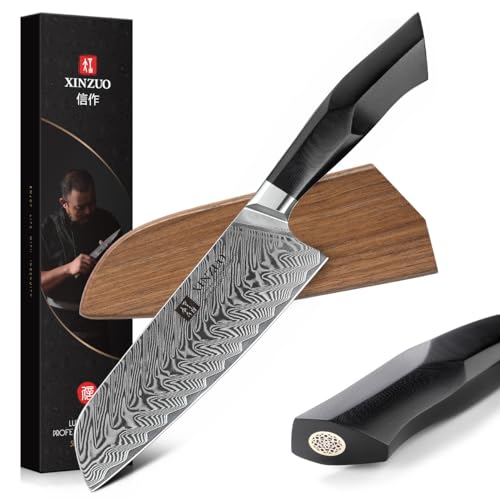 XINZUO Acero de Damasco Cuchillo Santoku 18.6cm, Cuchillo de Cocinero Profesional Forjado de Cuchillos de Cocina Verdura, Mango G10 de Grado Militar con Funda Magnética de Madera de Nogal