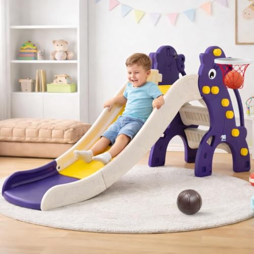 Image of Storio Big Slide for Kids with Basketball Hoop | Large Indoor Outdoor Toddler Climber Playset for 2+ Years | Safe & Sturdy Plastic Garden Slide Toy for Boys & Girls - Purple