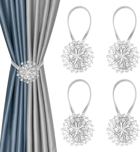 Magnetic Curtain Tiebacks 4 Pack, Silver Crystal Flower No-Drill Curtain Holdbacks with Flexible Spring Wire for Living Room Bedroom Window Decor