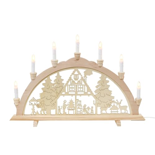 Wichtelstube-Kollektion Holz Schwibbogen Lichterbogen Forsthaus XL 58cm Schwippbogen Weihnachten Weihnachtsbogen Schwibbogen Weihnachten 7 Kerzen 230V Anschluss