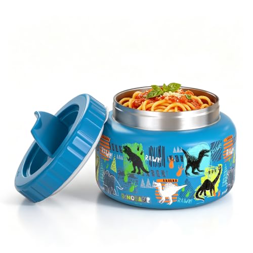 Image of MAISON HUIS 15oz Soup Thermo Wide Mouth Vacuum Insulated Stainless Steel Food Jar, Leak Proof for Hot&Cold Food Kids Lunch Container for School Travel (Blue-Dinosaur)
