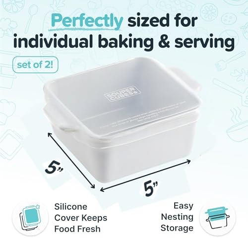 Image of Souper Cubes Ceramic Baking Dishes 2.0-5 inch x 5 inch Baking Dishes with Silicone Lids, Individual Baking Dishes for Oven, Microwave, Oven and Air Fryer Safe, USA Made, Set of 2 - White
