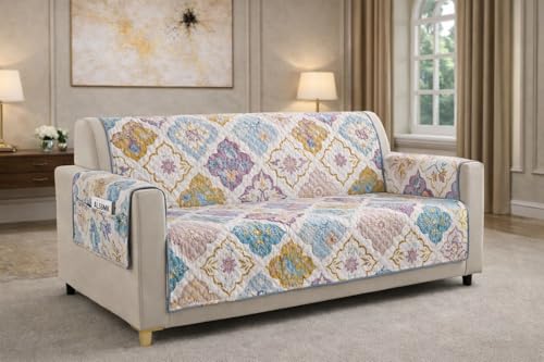 Image of Printed Quilted Sofa Mat for 5 Seater (3+1+1) - Floral Design Slipcover with Armrest, Pockets on Both Sides, Fully Covered Sofa Protector - Multicolor