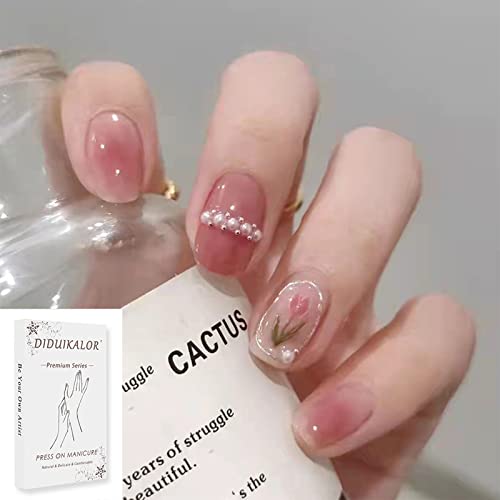 Diduikalor Press On Nails Short Square Oval, Flower Pearl Acrylic False Nails for Women Girls, Trendy Luxury Charms Fake Nails with Nail Glue and Jelly Gel uñas acrilicas con diseños decoradas