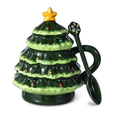 eUty 6.5''H Ceramic Christmas Tree Mug, 16 OZ Christmas Tree Shaped Ceramic Mug with Lid and Spoon, Xmas Ceramic Coffee Mug for Christmas Holiday Hot Drinks, Dishwasher Safe Cover