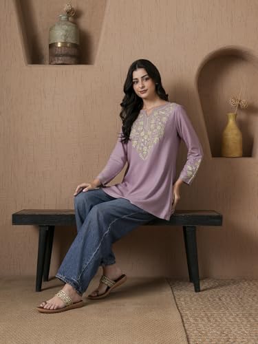 Image of QAZMI Women's Aari Embroidered Viscose Rayon A-Line Flared Short Kurti