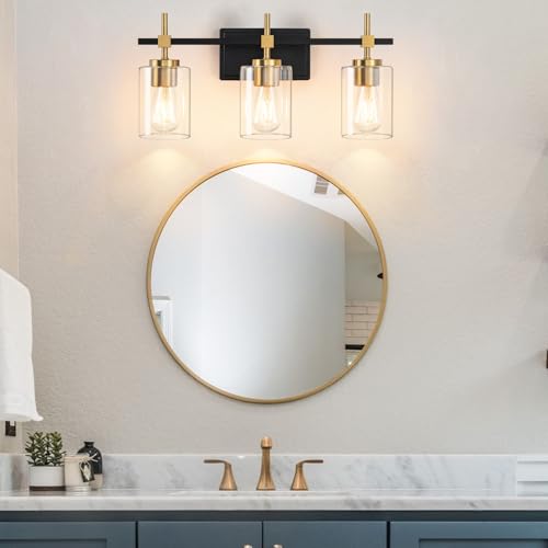 Image of Bathroom Vanity Lights, Black Gold 3 Lights, E26 Socket with Clear Glass Shade, Modern & Vintage Style Vanity Light for Bathroom, Powder Room, Dressing Room