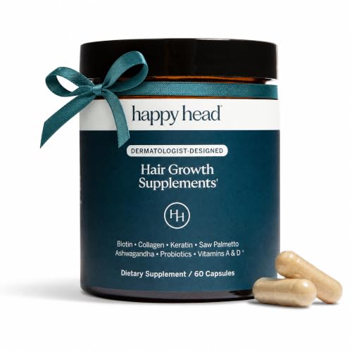Happy Head Hair Supplement Capsules for Men & Women with Biotin, Collagen, Keratin, Ashwagandha, Vitamins D, Vitamin A, & Saw Palmetto, Daily Hair Care Support Formula, 1 Month Supply, 60 Capsules