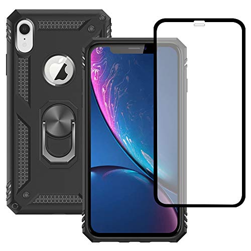 Yiakeng Funda iPhone XR, iPhone XR New Edition Carcasa, con Protector Pantalla Cristal Templado, Silicona Armor Case con Kickstand para iPhone XR Funda (Negro) Cover
