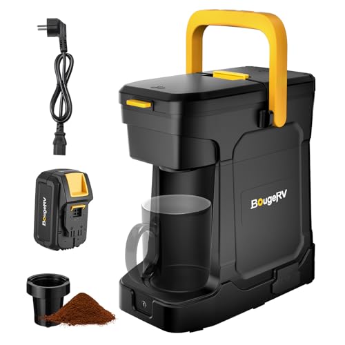 BougeRV Cafetière Sans Fil, Batterie 144 Wh | Autonomie 7 Tasses, DC 18 V & AC 230 V, Cafetière de Camping pour Café Moulu & Dosettes Souples, Machine à Café Portable pour Camping, Chantier, Camion