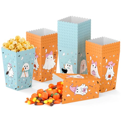 K KUMEED 24 PCS Halloween Popcorn Favor Boxes Cute Ghost Popcorn Bowls Popcorn Buckets Candy Bags Boo Theme Cookie Container for Kids Halloween Party Supplies (Blue&Orange)