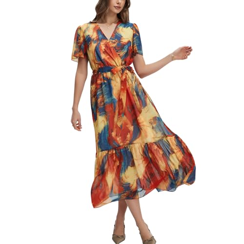 Image of Women's Summer Bohemian Floral Chiffon Dress Cap Sleeve V Neck Ruffle Long Flowy Boho Casual Vacation Dresses
