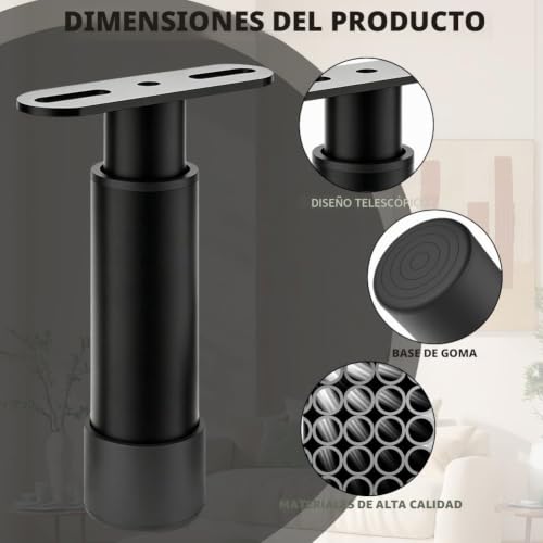 Patas de cama regulables de 12 a 18 cm con base negra antideslizante, pack de 4 unidades 3