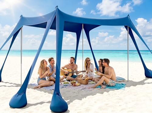 Beach Tent, UPF 50+ Sun Shelter with 8 Sandbags, Sand Shovels, Ground Pegs & Stability Poles – Portable Shade Canopy for Camping, Fishing, Backyard Fun, or Picnics (Navy Blue)