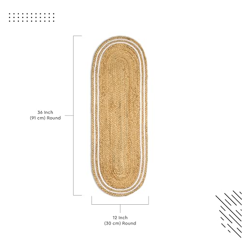 Image of Encasa XO Dining Table Runner | Handmade Woven Natural Jute Runner | Size 30x91 cm | Off White & Jute Natural Bleach Color | Heat Resistant Rustic Home Decor for Coffee, Teapoy Cover & Center Table