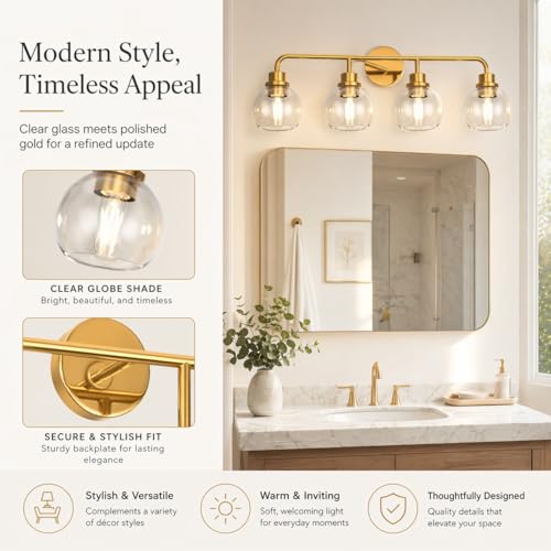 Image of DORESshop Bathroom Light Fixtures, 4-Light Gold Vanity Lights Over Mirror, Wall Lamp Clear Glass for Living Room Decor Bedroom Porch Cabinet