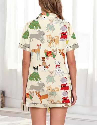 Image of Veseacky Women Satin Pajamas Set 2 Piece Button Down Short Sleeve Soft Sleepwear with Pockets