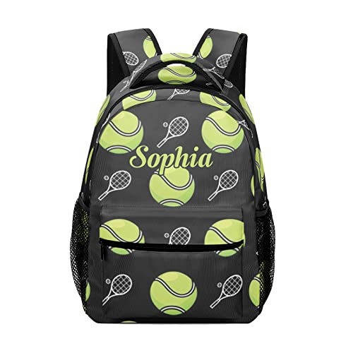 Green Tennis Balls Rackets Sport Personalized Backpack Waterproof Shoulder Bag Casual Travel Daypack with Name