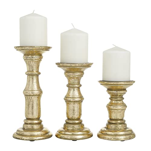 Deco 79 Mango Wood Turned Style Pillar Candle Holder, Set Of 3 10", 8", 6" H, Gold #TOP5