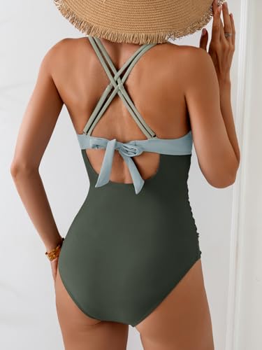 Image of Aidonger Women's One Piece Color Block Swimsuit Tummy Control Slimming Bathing Suit V Neck Cutout High Waisted Swimwear