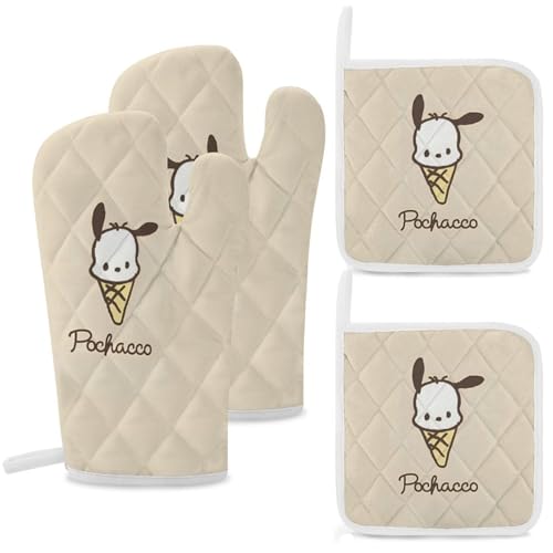 ポチャッコ 鍋つかみ ミトン 4点セット オーブンミトン 鍋敷き 耐熱鍋つかみ THEBEASTPIE 耐熱ミトン 耐熱グローブ やけど防止 アウトドア用 業務用 クッキング用 左右兼用 男女兼用 アニメ キャラクター
