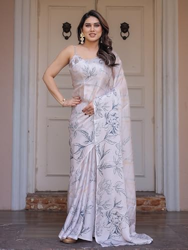Image of ALMAARI FASHION Women's Floral Printed Georgette Satin Saree with Unstitched Blouse Piece | Traditional Ethnic Wear Sarees | Soft Lightweight Ethnic Office Wear Daily Wear Indian Sari (SG 161-170 H)