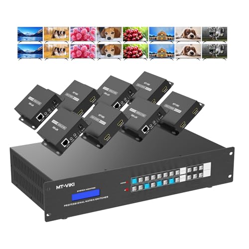 Image of MT-VIKI 8x8 HDMI Matrix Extender 4K60Hz, 8 in 16 Out with CAT6 /7 /8 Transmission up to 230ft, POC Power, Web GUI, RS232 Control, EDID for Church, Conference & Pro AV System (with 8 POC Receivers)