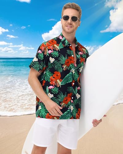 FISHEAL Men's Hawaiian Shirt Short Sleeves, Casual Hawaii Button Down Beach Tropical Shirts for Mens Summer Trip Vacation Black/Flower - Image 3