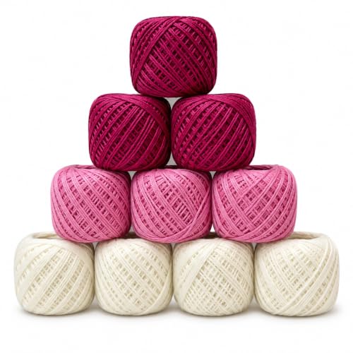 Image of Crochet Cotton Thread Yarn Combo, 10 Rolls for Knitting, Crochet, Embroidery and Craft Making, Soft Decorative Thread for Handmade DIY Projects Maroon Light Pink Cream