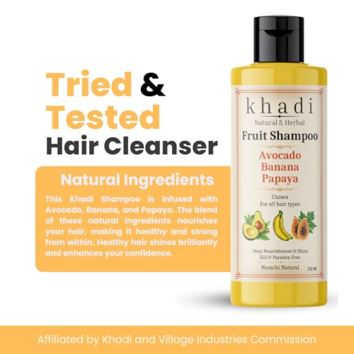 Image of Khadi Natural Avocado, Banana & Papaya Fruit Shampoo | Nourishing & Hydrating Herbal Hair Cleanser | For Women & Men | Sulfate, SLS & Paraben Free Smoothening Shampoo 210 ml