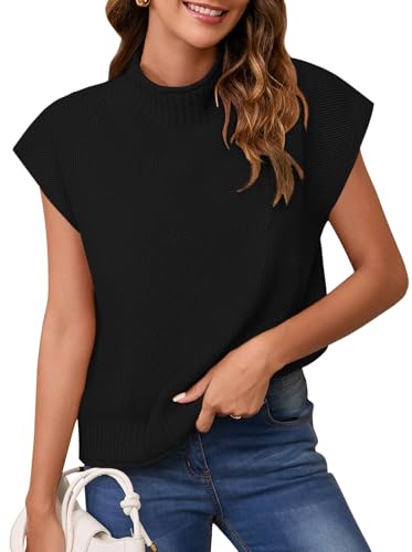 Pink Queen Women's 2025 Fall Mock Neck Sweater Vest Cap Sleeve Pullover Knit Tops