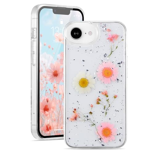 Coque iPhone 16e esthétique fleurie en gel TPU souple avec cristaux scintillants