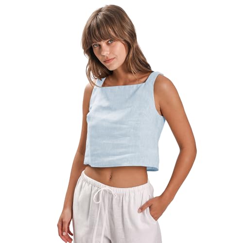 Amazhiyu Damen Weste Tops aus 100 % Leinen, Sommer, quadratischer Ausschnitt, ärmellose Bluse, blau, S