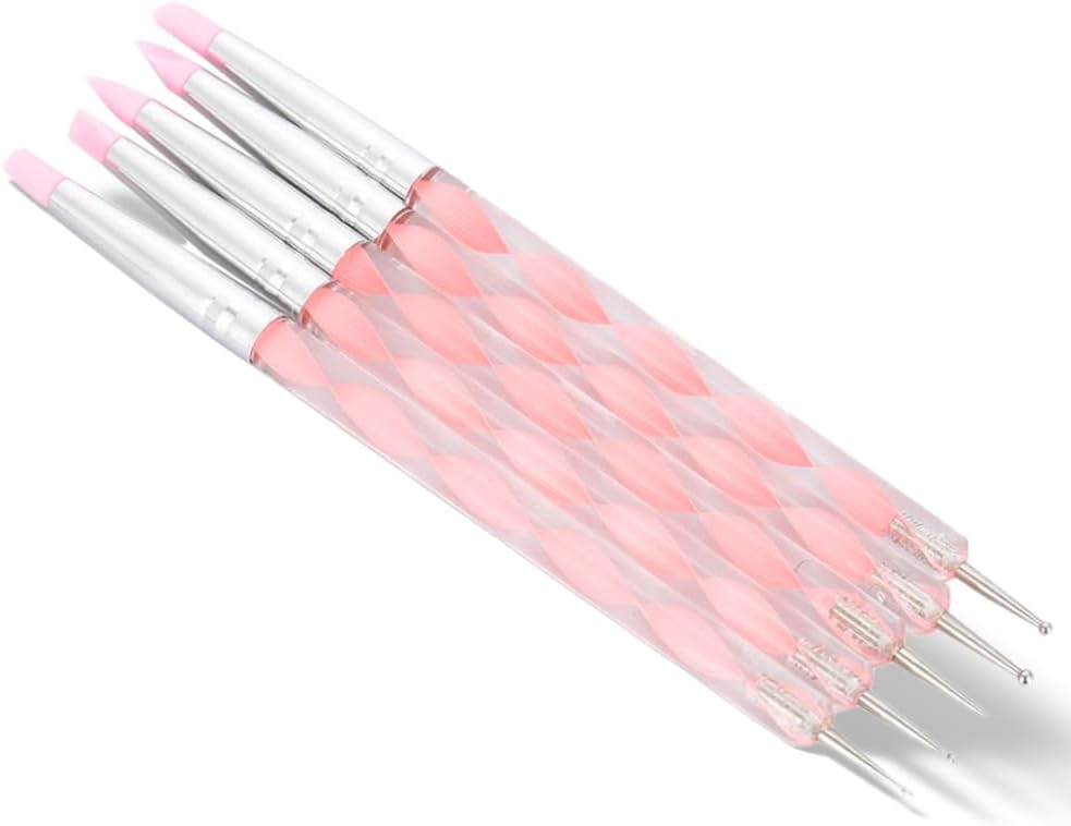 Semme Dual-ended Carving Sculptur Pen Set，Silicone Head Dotting Pen Manicure Nail Art Tool 5pcs (Pink)