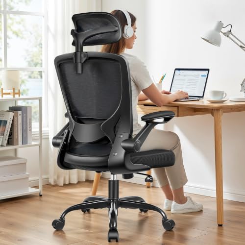 Image of Ergonomic Office Chair, High Back Desk Chair with Adjustable Lumbar Support | Breathable Mesh Office Chair for Prolonged Sitting, Computer Chairs Comfy for Long Workdays, Flip Up Arms, Home, Black