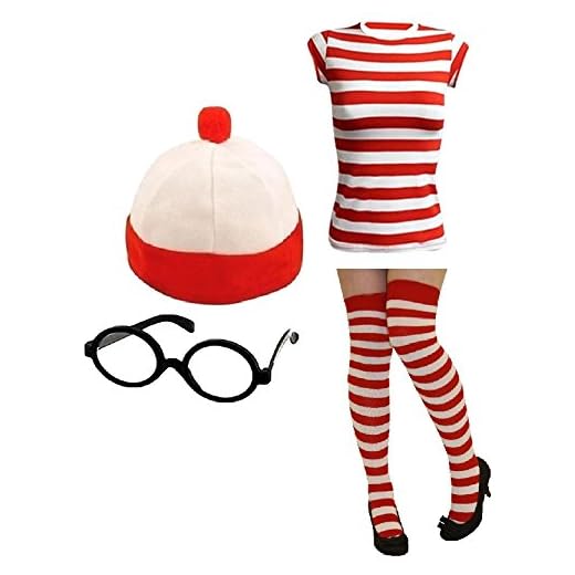 Disfraz para mujer y hombre, de color rojo y blanco, a rayas, set de 3 y 4 piezas, de ¿Dónde está Wally?