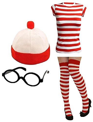 Fashion Oasis Ladies Mens Wheres Nerd Geek Red & White Stripe Fancy Dress Fresher Costume Book Day 3 & 4 piece set … (Ladies XXL, Ladies 4 Piece T-shirt+Hat+Glasses+Socks)