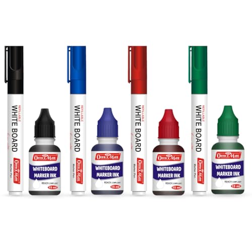 Image of Soni Officemate Whiteboard Marker Combo- Mix | 4 Markers + 4 Inks | Smooth Writing | Black, Blue, Red, Green | 4.43 mm Tip