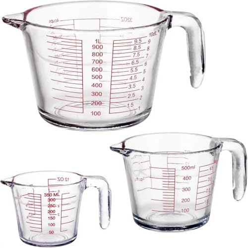 Vaso Medidor - Jarra Medidora Cristal - Set de Measuring Cups 3 Piezas (1L, 500ml, 350ml) - Taza Medidora Apilable con Escala y Asa, Sin BPA, para Cocina, Repostería, Laboratorio
