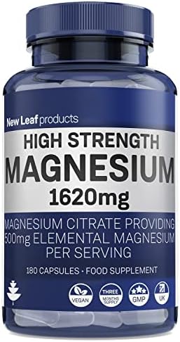 Super Strength Magnesium Supplements 1620mg - 180 Magnesium Citrate Capsules - (500mg Elemental Vegan Magnesium) Not Magnesium Tablets High Absorption, Bones Muscle & Sleep Support - Made in The UK