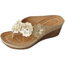 JSLOOO Womens Flower Decor Flip Flops Wedge Sandals Fashion Platform Slip On Walking Sandal Summer Slingback Shoes Split Toe Slippers